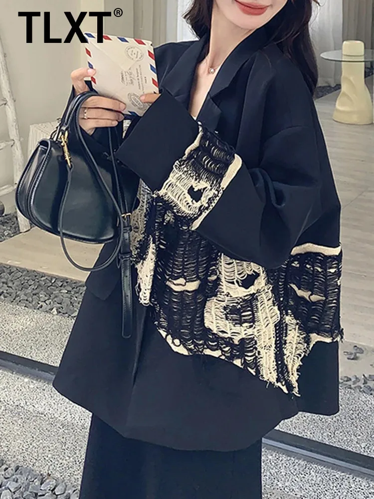 

TLXT женский черный вязаный пиджак большого размера нестандартной формы, новая куртка с лацканами и длинными рукавами, модная весна-осень 2024, XK1313