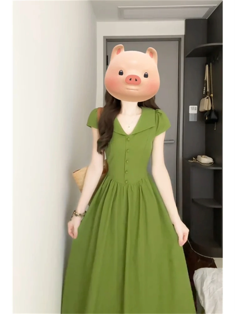 ヴァイオン・スレ カラー レディース ドクター・フリル サマー2025 ハイウエスト Aライン ニット オルト・スヴェ Vネック シングルボタン