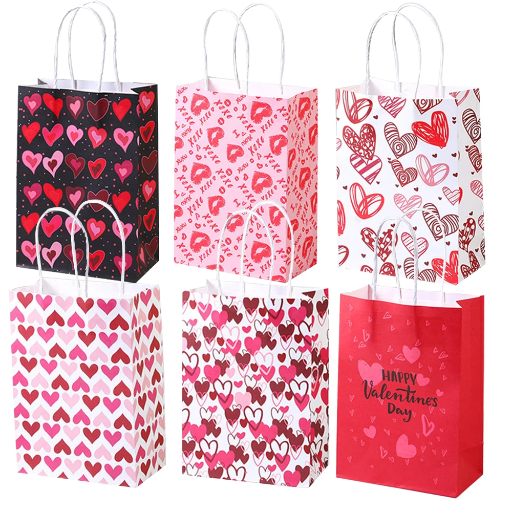 8/16/40pcs Valentine Day Theme Paper Bag with Handle Candy Cookies Gifts Bags Girls Birthday Party Wedding Party Decor Supplies