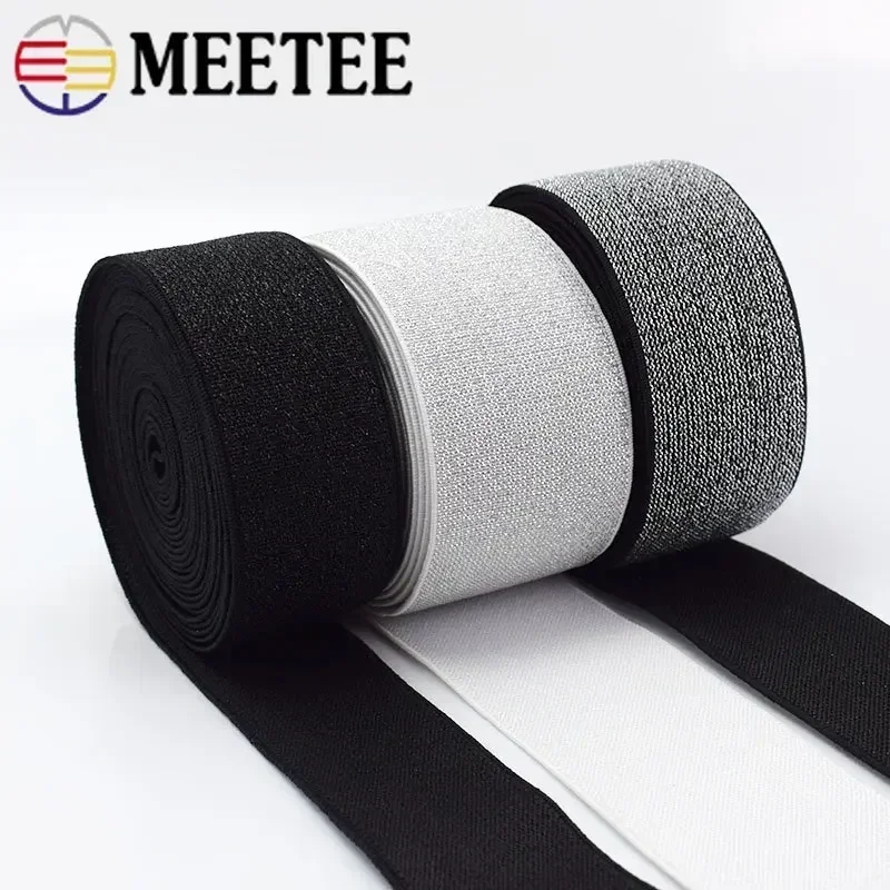 2/5/10Meters Meetee 10-50mm Gold Silver Silk Elastique Band Glitter Rubber Webbing DIY Waistband Dress Belt Sewing Accessories