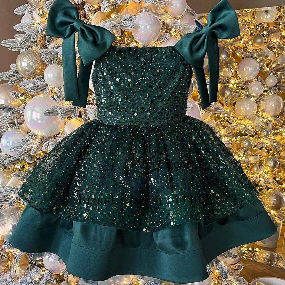 

Green Scoop Flower Girls Dresses with Sequined Spaghetti Straps Sleeveless Christmas Gowns 2024 Summer New فلور فتاة اللباس