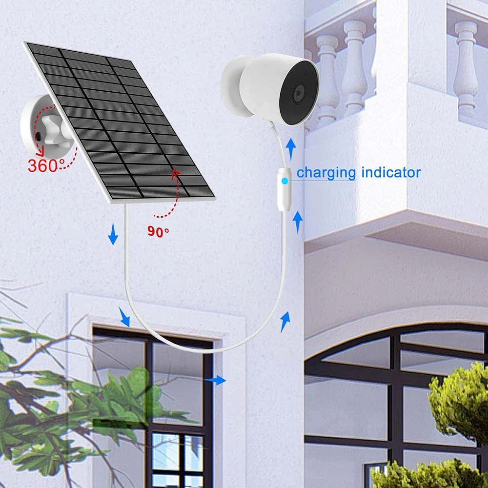 6W 5V Solar Panel Charger IP66 Waterproof Solar Charger For Google Nest Cam Outdoor Indoor and 2nd Generation (Battery Version)