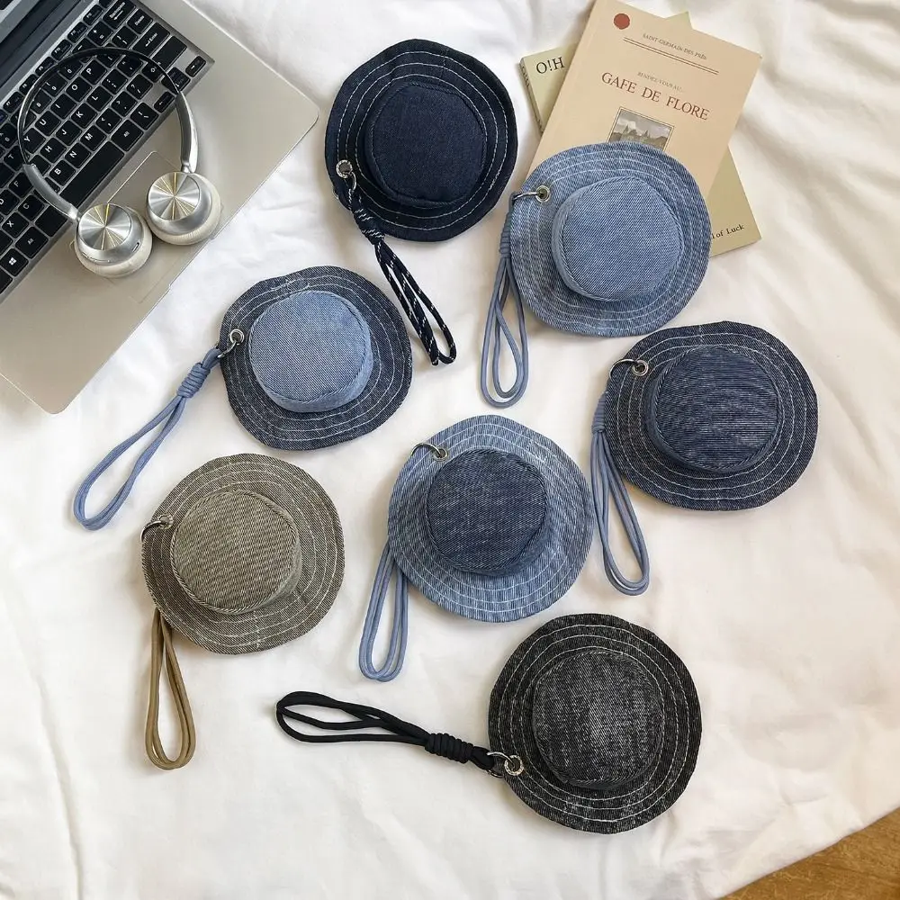 Kawaii Round Mini Bucket Hat Coin Purse Lanyard Coin Bag Hat Shape Keychain Cute Mini Fisherman Hat Bag Pendant Children