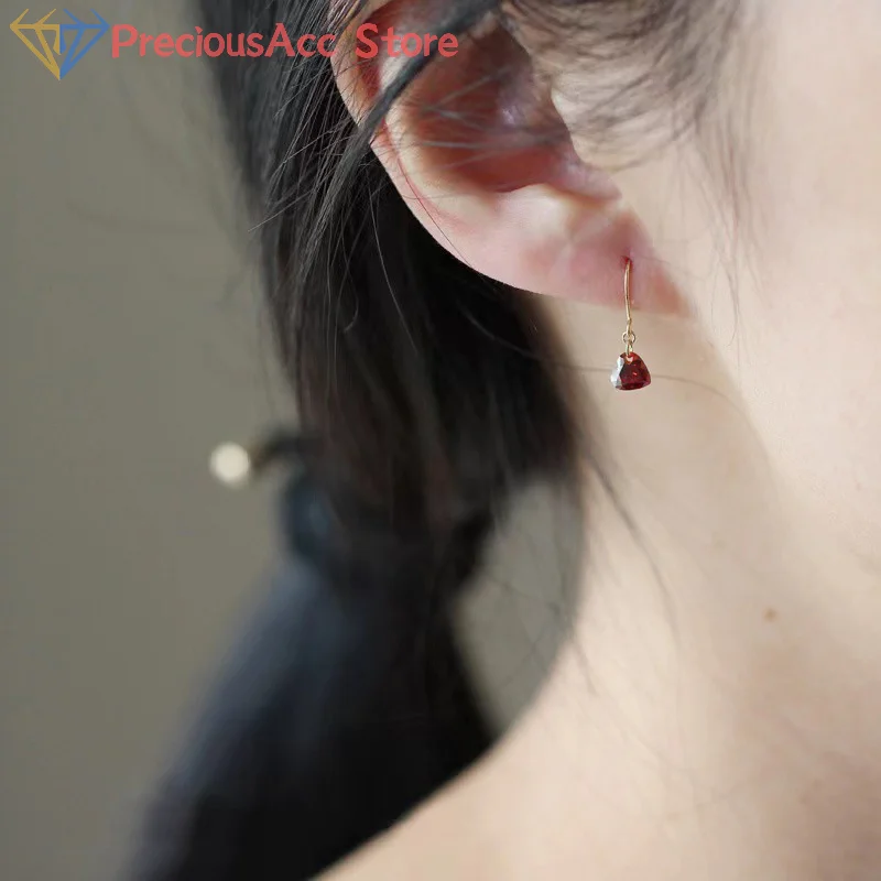 1Pair Korean Style Exquisite Wine Red Zircon Love Heart Dangle Stud Earrings For Women Simple Fashion Ear Hook Party Jewelry