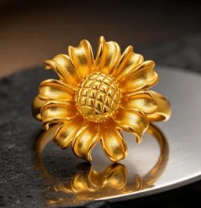 9999 gold large flowered sunflower ring for ladies' open-ended jewelry