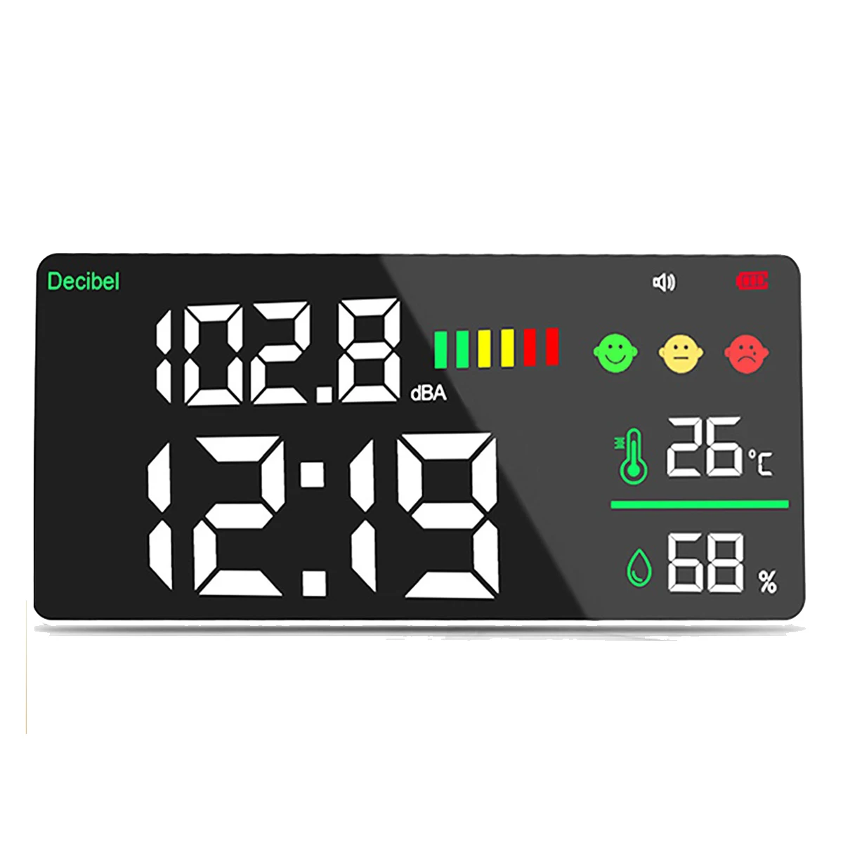 

Decibel Meter Wall Hanging Sound Level Meter 30-130DB Range 11 Inch LED Display Noise Time Temperature Meter