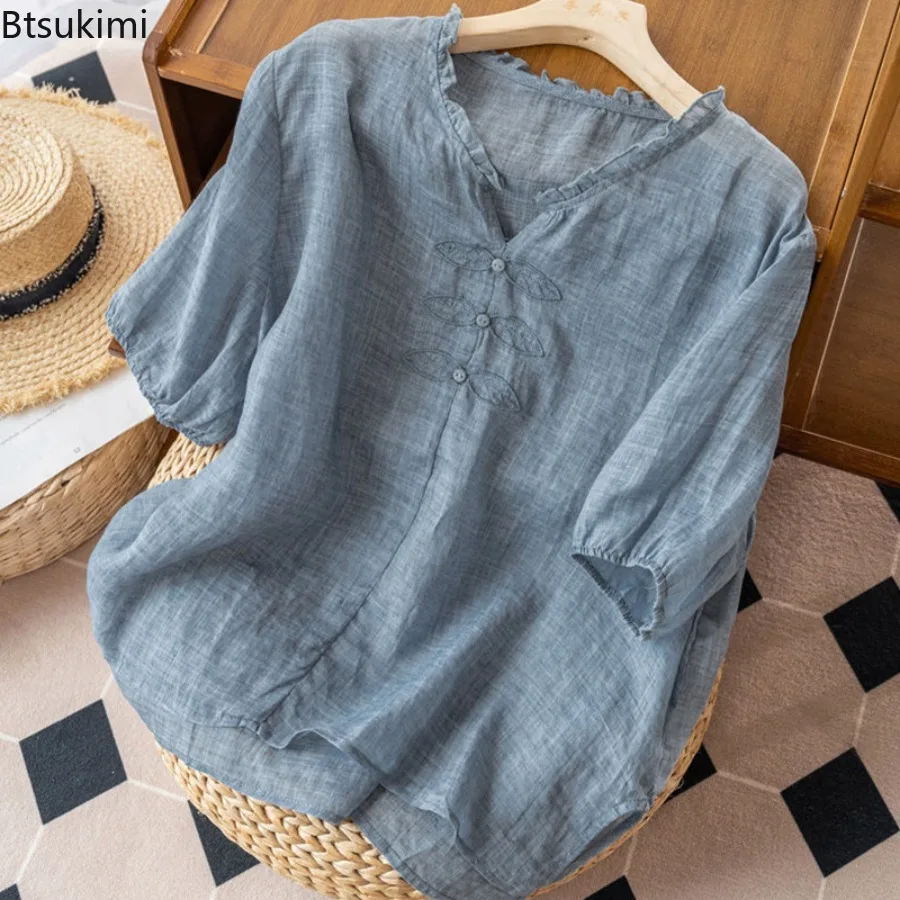 

2025 женский летний топ с короткими рукавами, хлопковая линия, вышитая v-образным вырезом, свободная повседневная футболка, тонкая морщинистая дышащая рубашка, топы, новинка