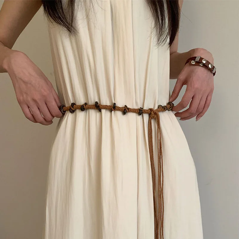 Fashionable Bohemian Braided Waist Cord for Women Niche Design with Ethnic Flair Rope-Tied Beaded Belt to Pair with Dresses
