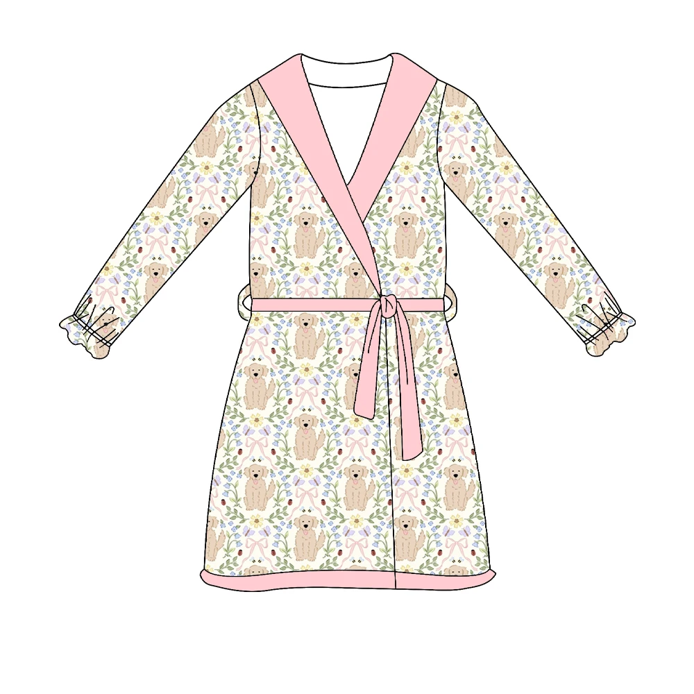 Boutique children's girl's robe and set Collared short-sleeved shorts dog bow flower print series custom