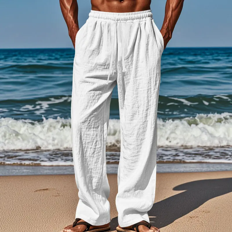 

New 2025 Men's Loose Cotton Linen Pants Elastic Waist Straight Leg Color Casual Belted Wide Leg Beach Trousers