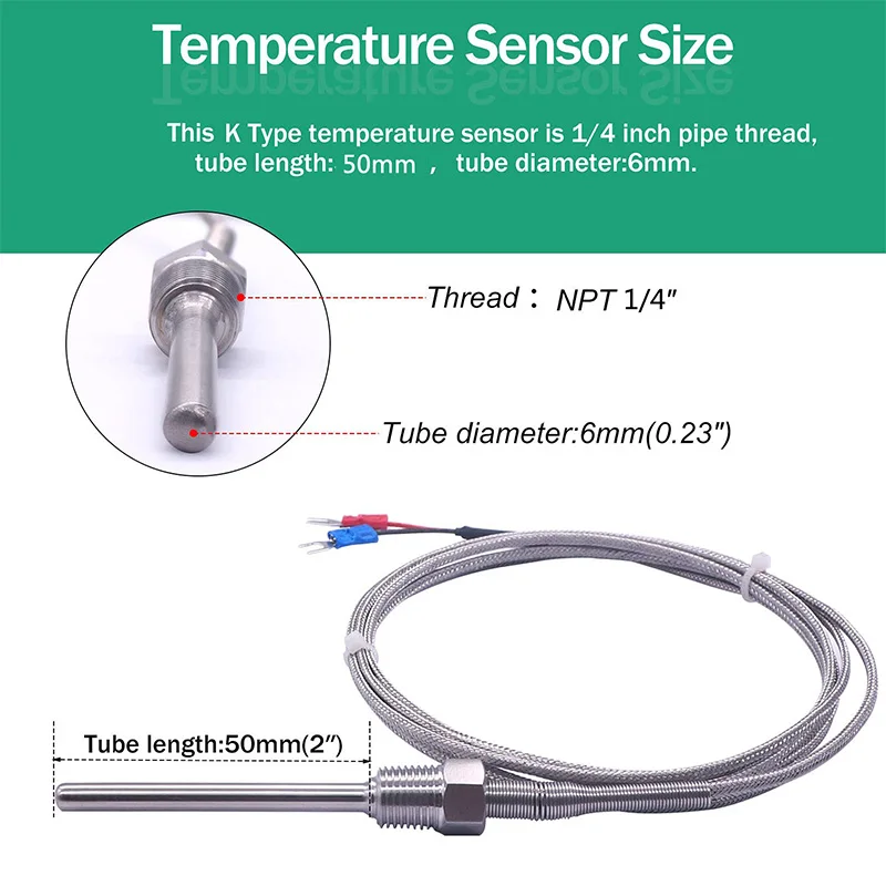 K Type Thermocouple Probe Stainless Steel, PT100 RTD Temperature Sensor, M6-M27 Thread / NPT 1/8