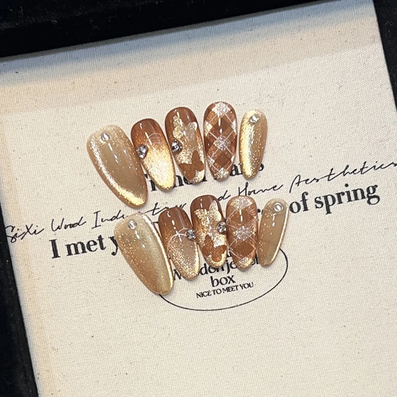 

10pcs Handmade Press on Nails Grid Brown Cat Eye False Nail Tips Glitter Diamond Butterfly Wearable Short Oval Fake Nails