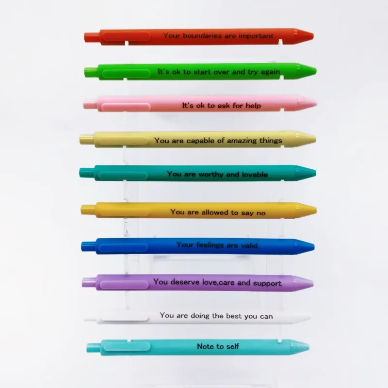 

10pcs mixed color inspirational ballpoint pens with handwritten inspiring phrases as gifts for classmates and teachers