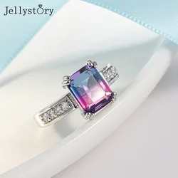 Jellystory 925 Sterling Silver Tourmaline Rings For Women Simple 8*10mm Rectangle Shape Wedding Anniversary Fine Finger Jewelry