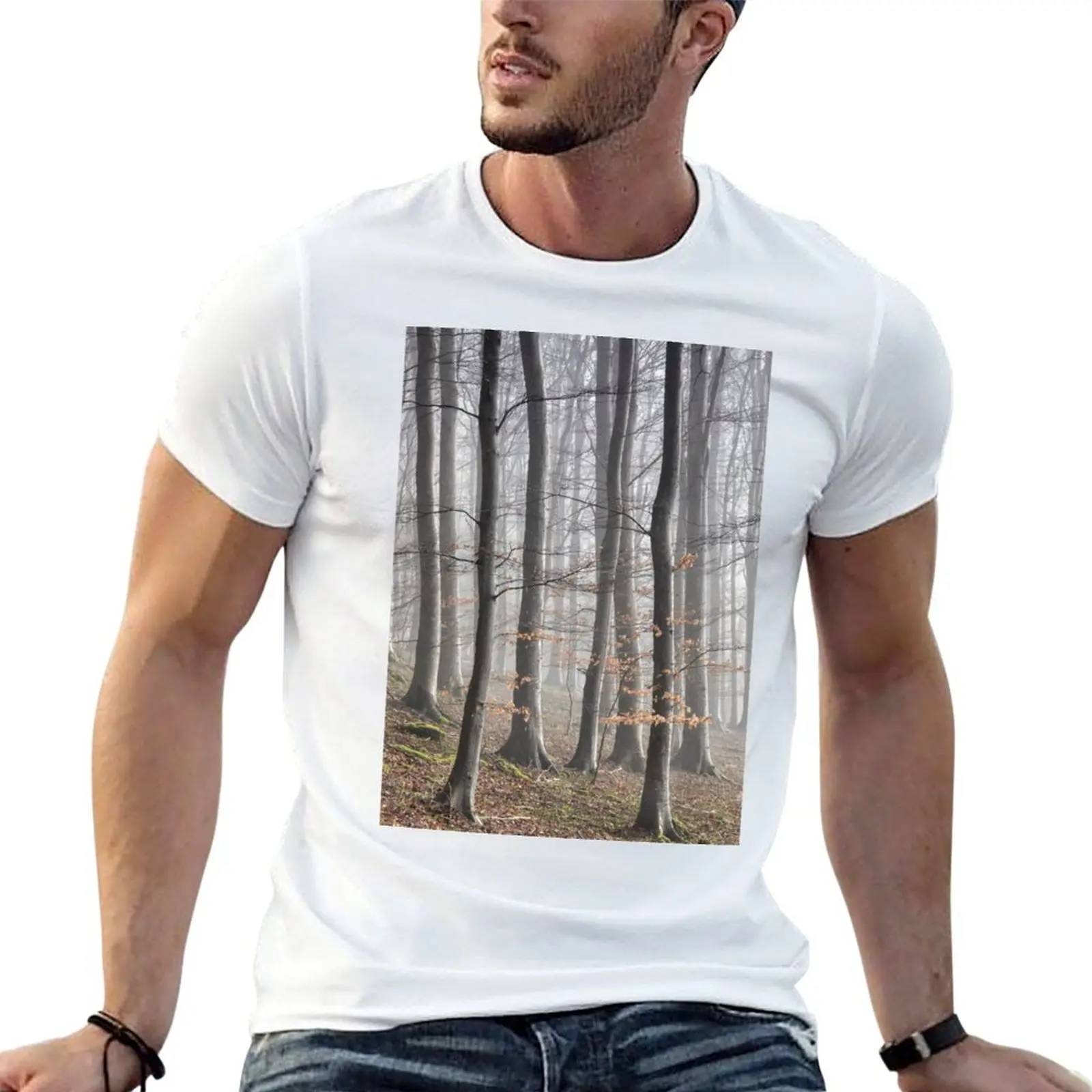 Beech Tree Woodland and Mist T-Shirt Utility Work Short Sleeve Top