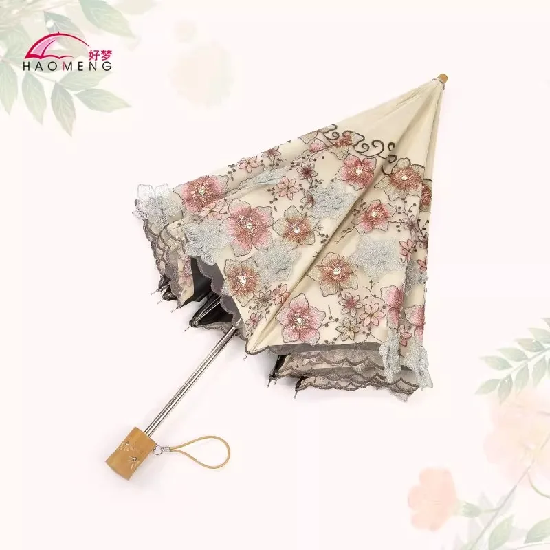 

Sun umbrella, sun protection, UV protection, women's lace embroidered flower umbrella, black rubber dual- folding umbrella