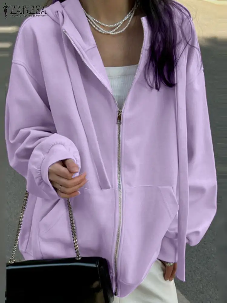 

ZANZEA 2023 Autmun Long Sleeve Jackets Women Solid Hooded Coat Korean All-match Sweatshirt Drawstring Zipper Outwear With Pocket