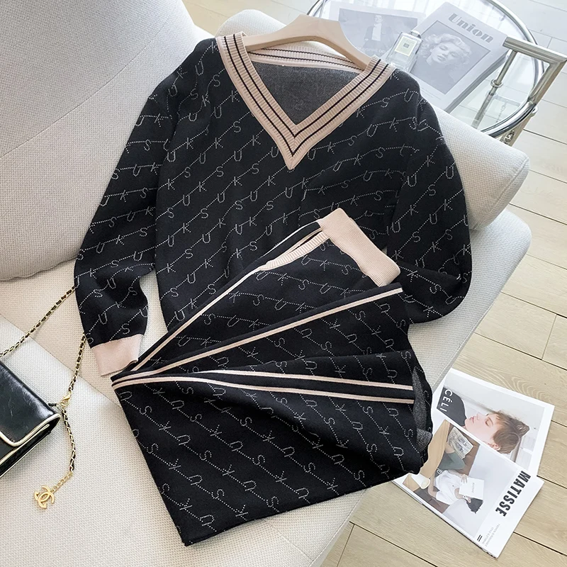 

Женский вязаный спортивный костюм, свитер с v-образным вырезом, повседневный костюм, осень-зима, комплект из 2 предметов, вязаные брюки, спортивный костюм, женская одежда