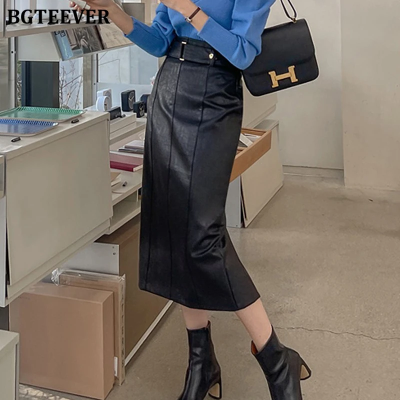 BGTEEVER Elegant High Waist Split Women PU Leather Skirts Spring Slim Ladies Package Hip Skirts
