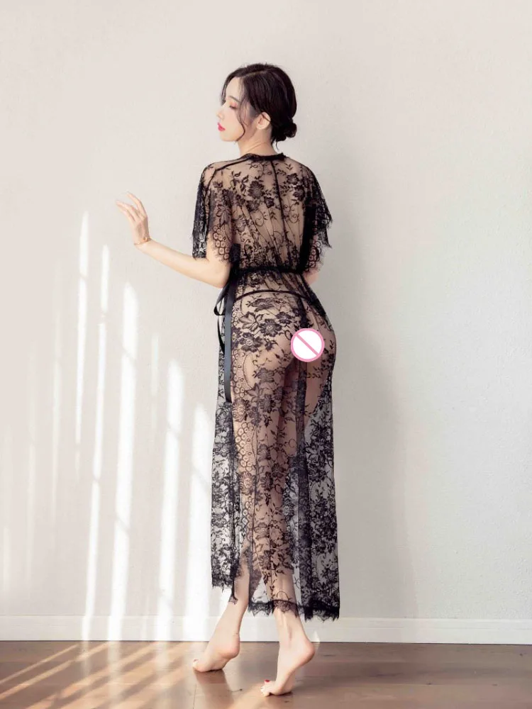 Woman Night Dress Sexy Sleepwear Long-line  Black Lace Dresses Clothes Nightgown with Ruffles Pajamas for Women Nightgowns