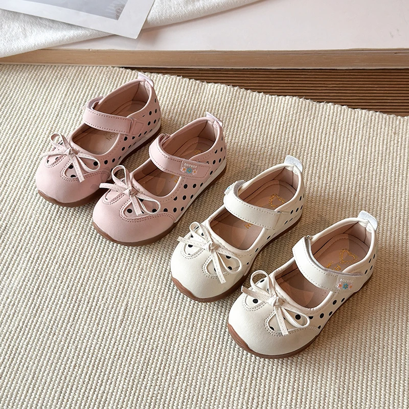 Summer Girl's Mary Janes Polka Dot Bowknot Hook-loop Sweet Kid's Flat Shoe Solid Colors Anti-slip Daily Versatile Children Shoes