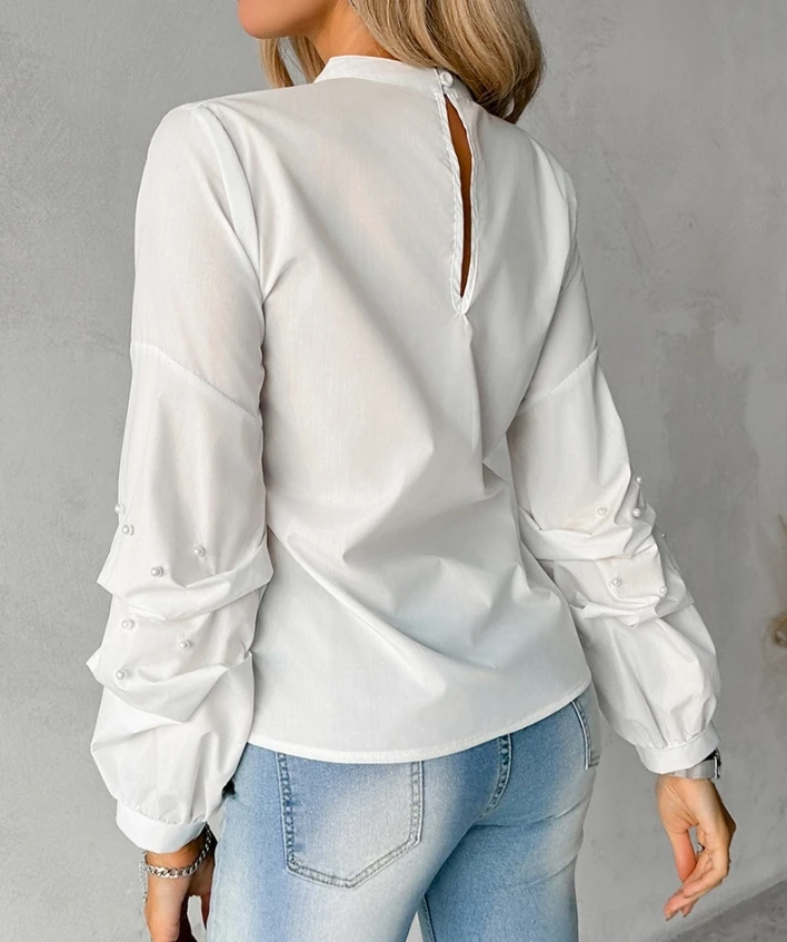 2024 Bluse für Frauen Vintage Langarm Satin Bluse Schlüssel loch Hals Perlen geraffte Top weibliche lose Tops Büro Damen