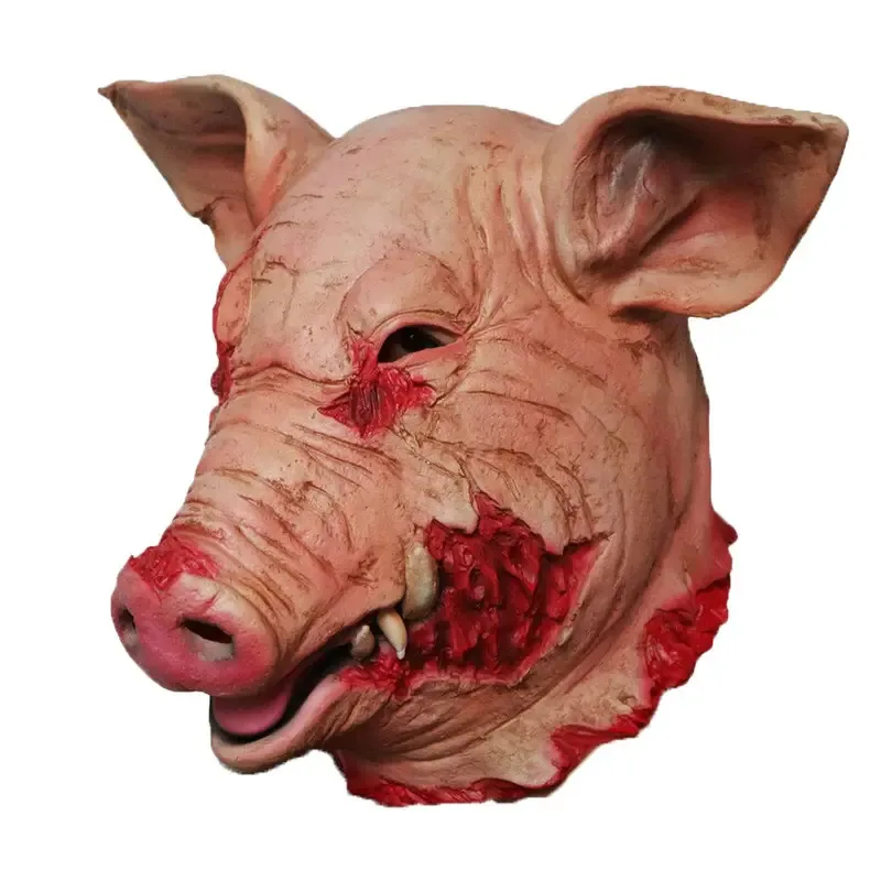 Gruseliges Halloween-Latex-Tier-Maskerade-Kostüm, Cosplay-Requisiten, blutiger Schweinekopf, Metzger, gruselige Erwachsenenmaske