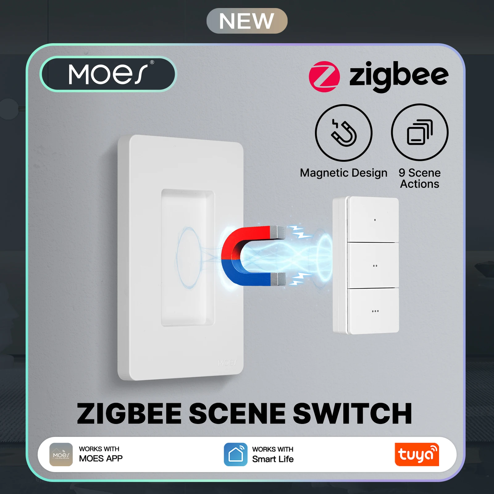 MOES Tuya Zigbee Smart Wireless Scene Switch 3 Gang 9 Scenarios Linkage Magnetic Design Handheld Push Button Control US Version