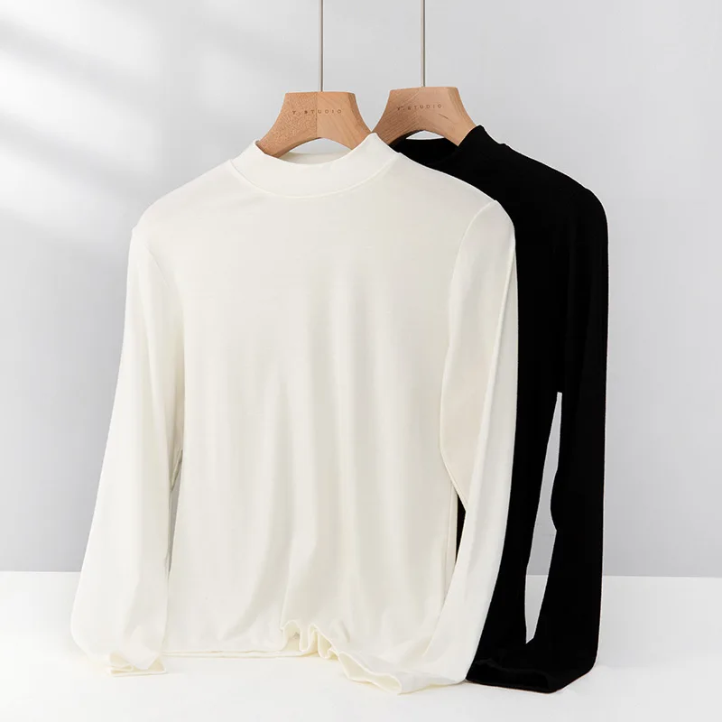 

Women T-shirt Warm Long Sleeve Autumn Winter Half Turtleneck High Strecth Bottoming Shirts Fashion Korean Winter Inner Basic Top