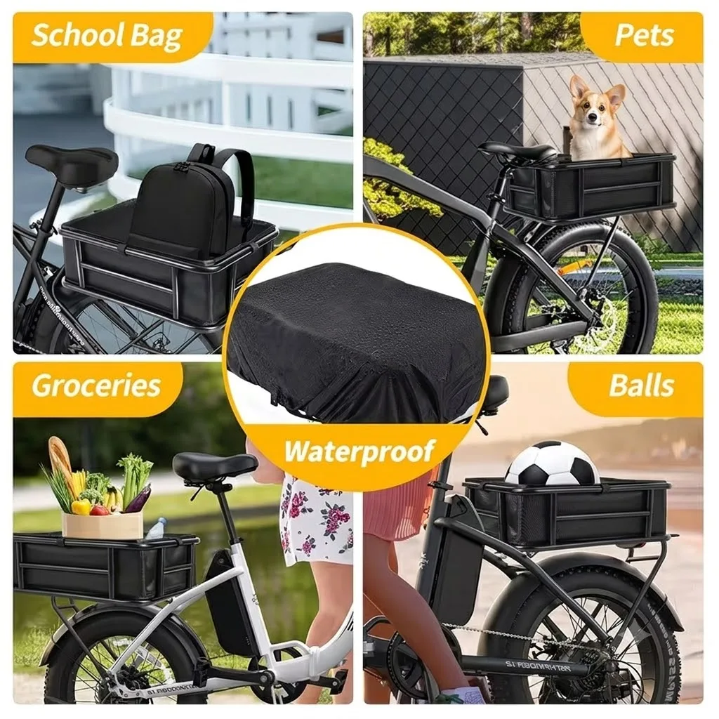 Large Heavy Duty Bike Rear Basket, 16mm Thick Anti-Rust Metal Tube, Max 66 LBS Load, Complete Accessory Kit with Quilted Liner, Waterproof Rain Cover, Elastic Net & Mount Hardware for City Bicycle Commute Camping Grocery Storage