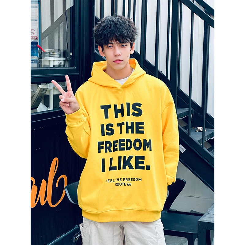 

Желтая толстовка с принтом букв, мужская весенне-осенняя толстовка с капюшоном, американская ретро-куртка для пар, верхняя одежда