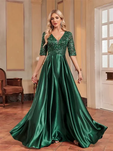 Vestido de noche de satén verde de manga corta de lujo con cuello en V, vestidos elegantes de lentejuelas para fiesta de graduación hasta el suelo para cóctel y graduación