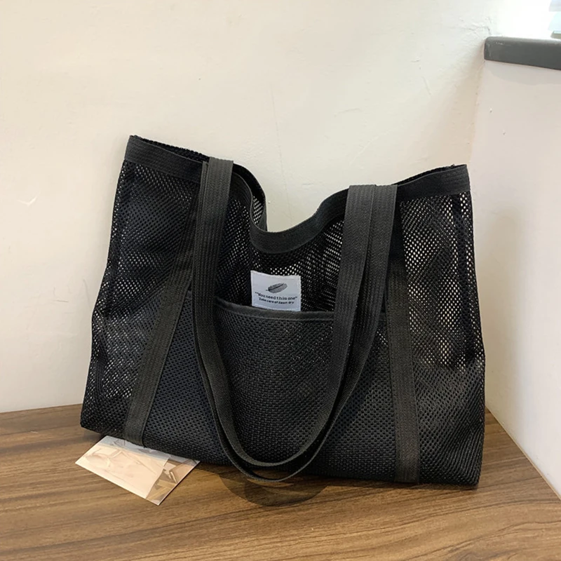 New Transparent Mesh Shopping Bag Simple Large-Capacity Beach Handbag Shoulder Tote Bag Wash Fitness Swimming Bag