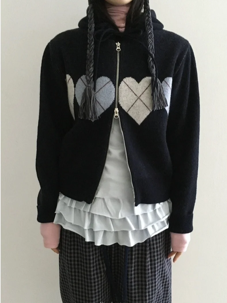 المرأة محبوك سترة معطف مع Dstring هود القلب نمط الماس معرف تصميم الخريف جديد Sle عارضة أعلى مريحة