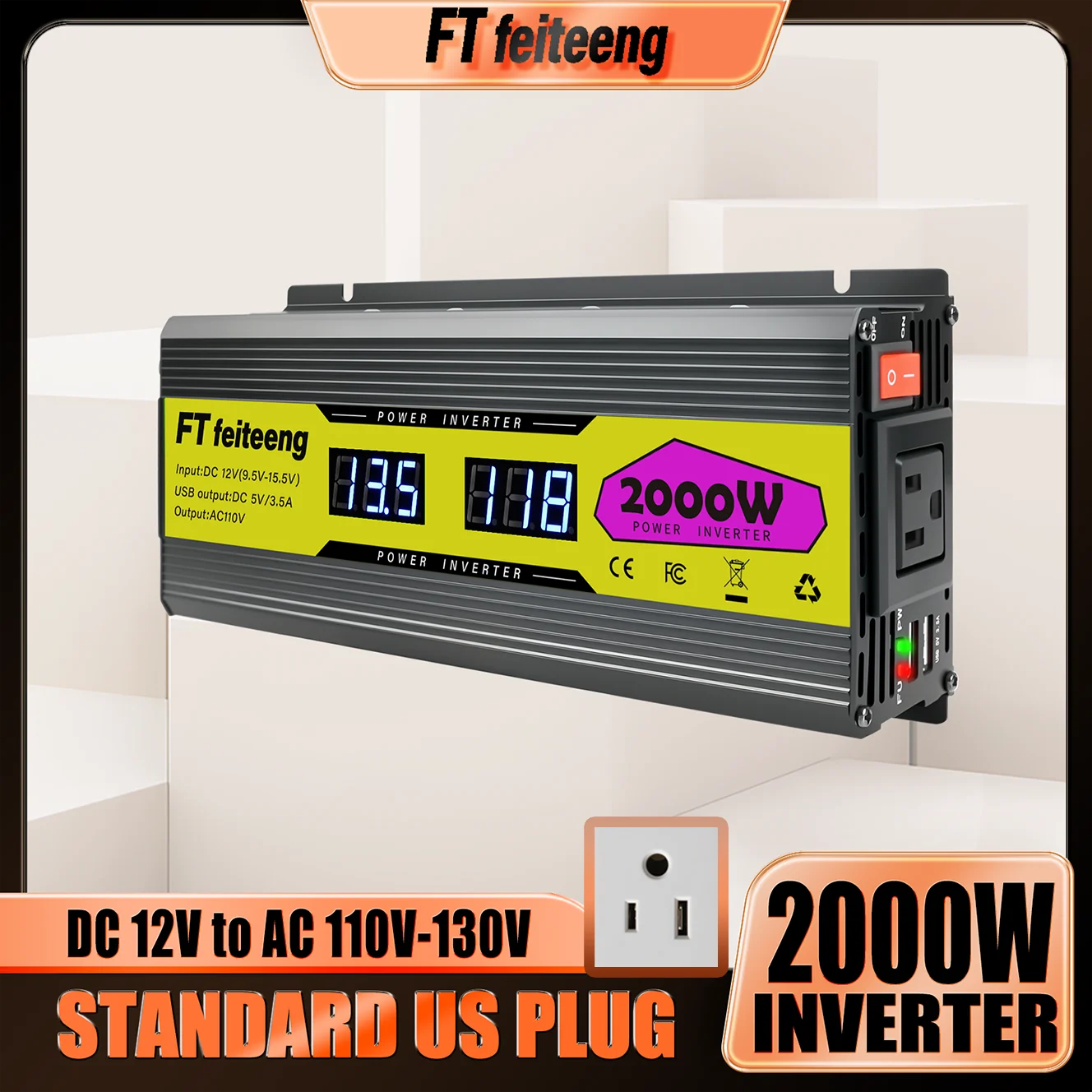 FT feiteeng 1000W 2000W Power Inverter 12V to 110V with LED Display & 2 USB Ports - for Cars, RVs and Emergency Backup