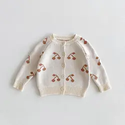 2024 Autumn New Children Knitted Cardigan Baby Girls Cherry Print Sweater Coat Toddler Casual Knitwear Kids Versatile Jacket