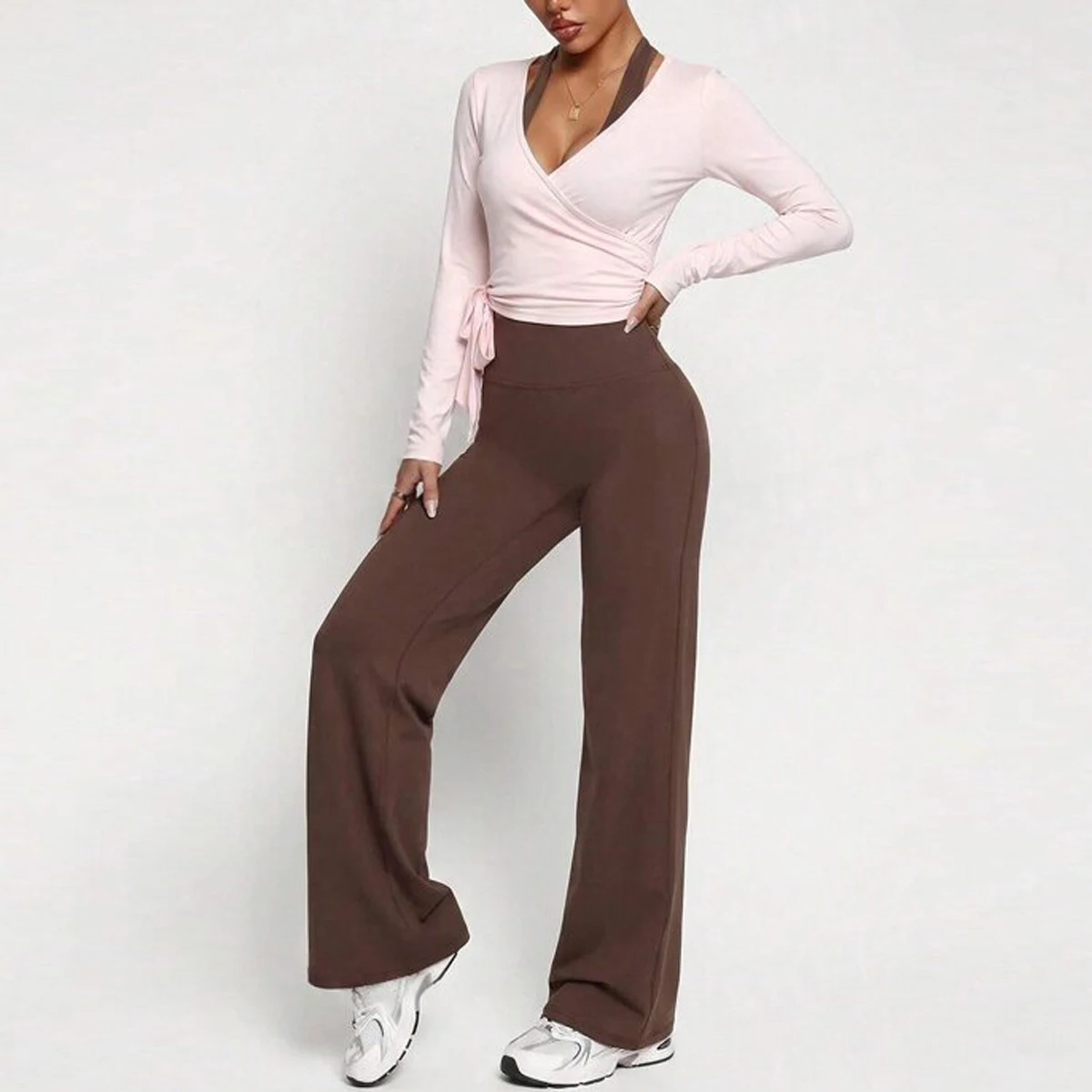 Women 3 PCS Yoga Sets Halter Sports Bra Wrap V Neck Long Sleeve Side Tie Top High Waist Wide Leg Pants Gym Workout Activewear T