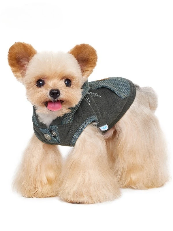 Fall Winter Pet Dog Hooded Vest Washed Denim Patchwork Sleeveless Hoodie Rhinestone Star Pattern Puppy Apparel with D Ring
