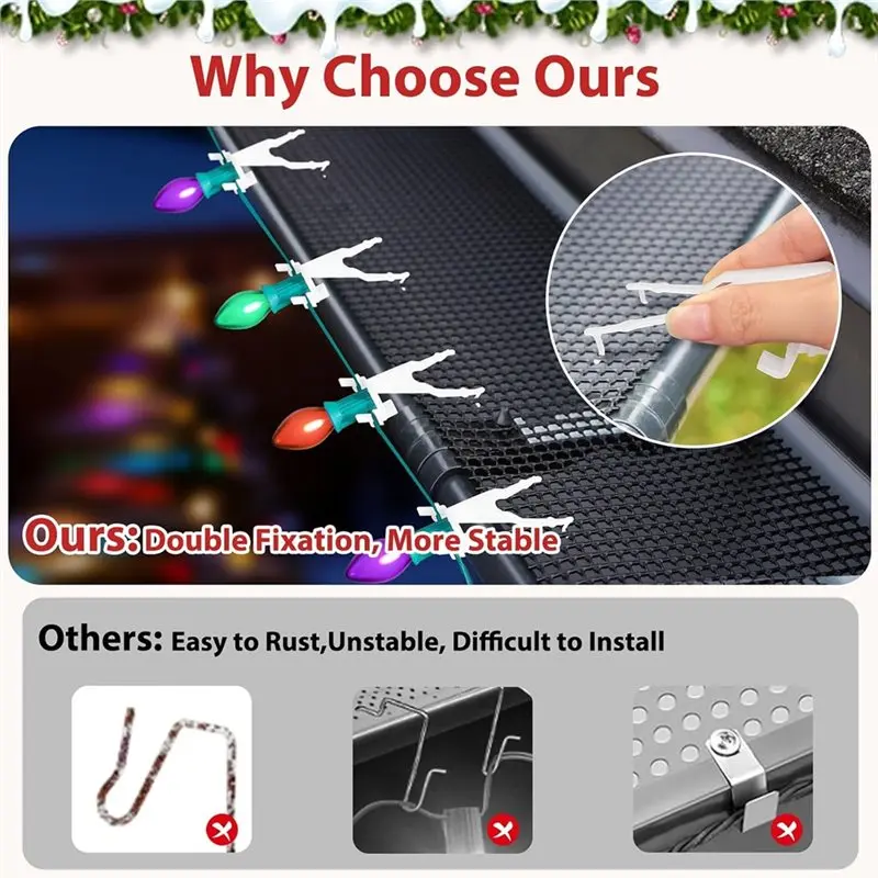 PORK-Gutter Clips For Hanging Outdoor Lights, Drain Channel Clamp Fits Gutter Guards Light Clips,Mesh Gutter Guard Compatible