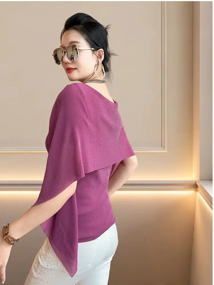 Casual Patchwork Short Sleeve T-Shirt for Women, Shawl Collar Lightweight Summer Top, 2026 Trendy Blouse, Slim Fit