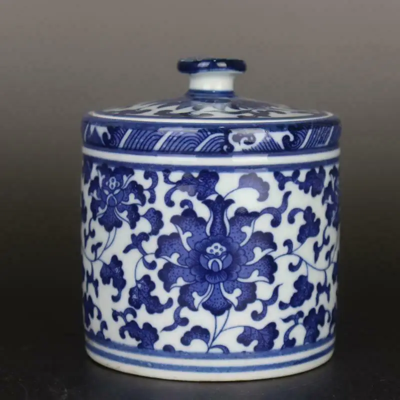 Chinese Blue and White Porcelain Jar Qing Lotus Design Pot Tea Caddy 4.33“