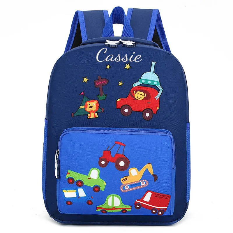 Stickerei Name Kinder rucksäcke, Jungen und Mädchen Nylon taschen, trend ige Cartoon Spielzeug autos, leichte und verschleiß feste Tasche