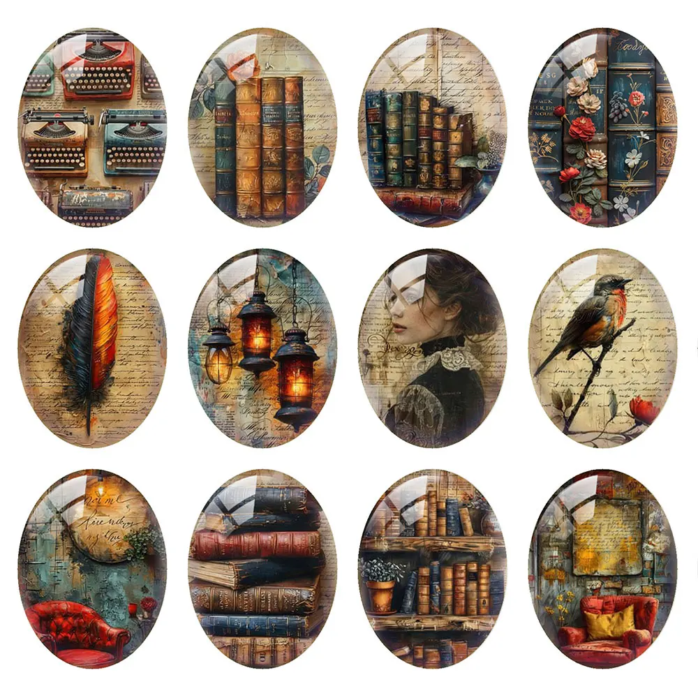 Random Mixed Round/Oval/Square Gothic Study Library Love Read Photo Glass Cabochon Flatback Demo Cameo For Diy Jewelry Making