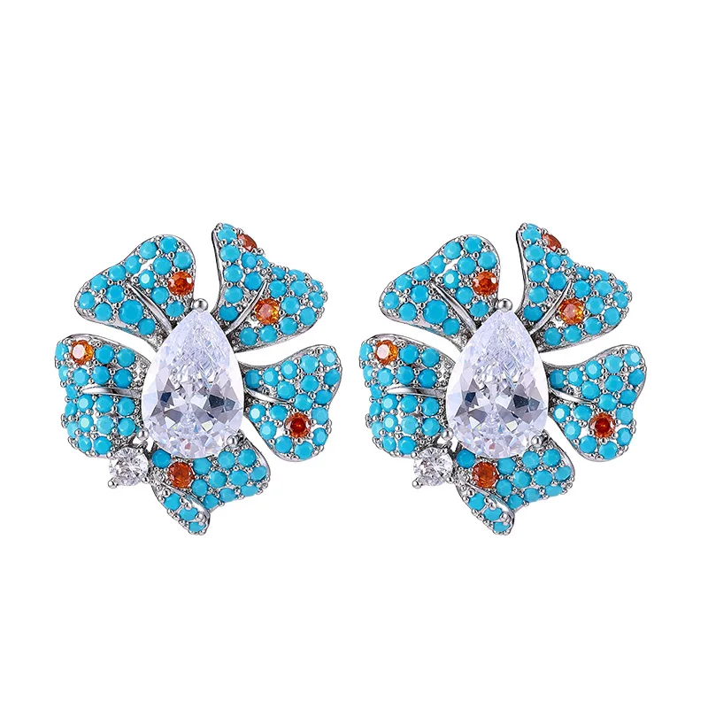 

Flower Stud Earrings for Women Blue Pink Yellow Cubic Zirconia Statement Jewelry for Banquet Party Gathering Cute Shiny Earrings