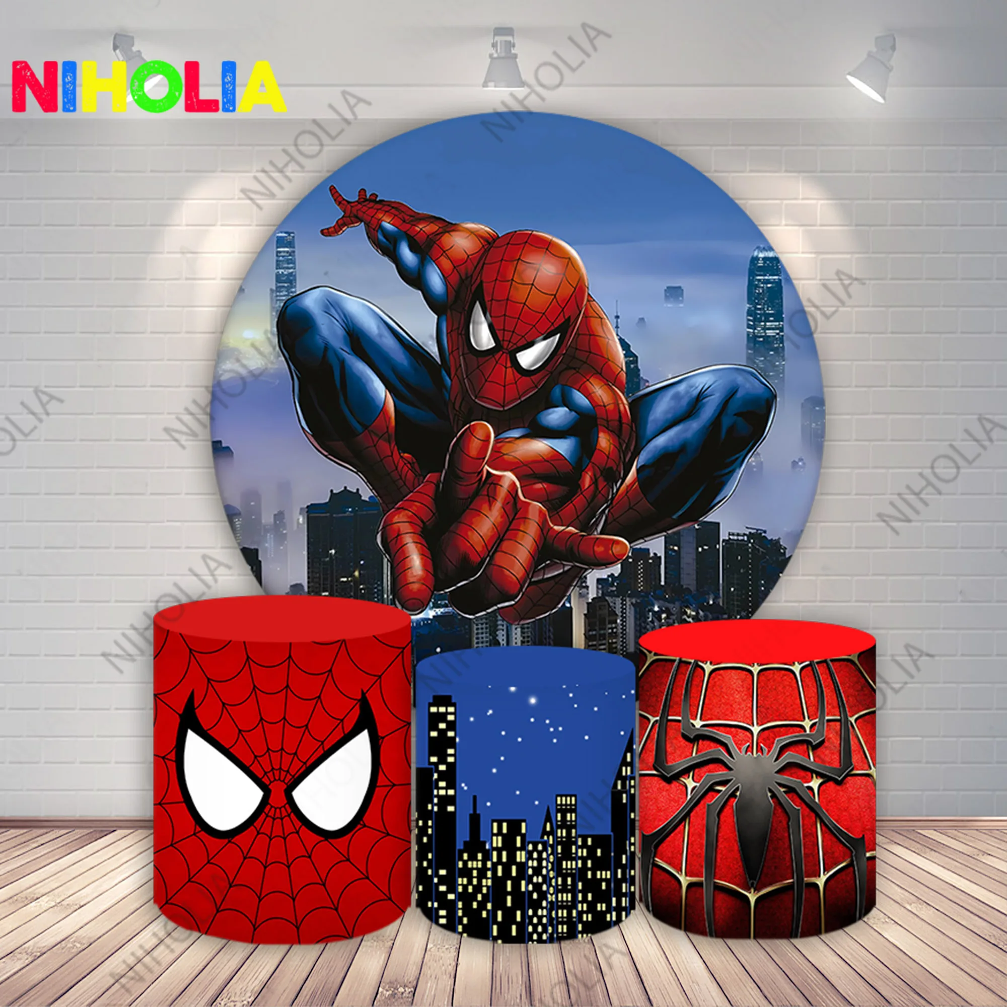 Fondo redondo de fiesta de Spiderman para niños, Decoración de cumpleaños, cubiertas de círculo y cilindro para mesa de pastel, Baby Shower