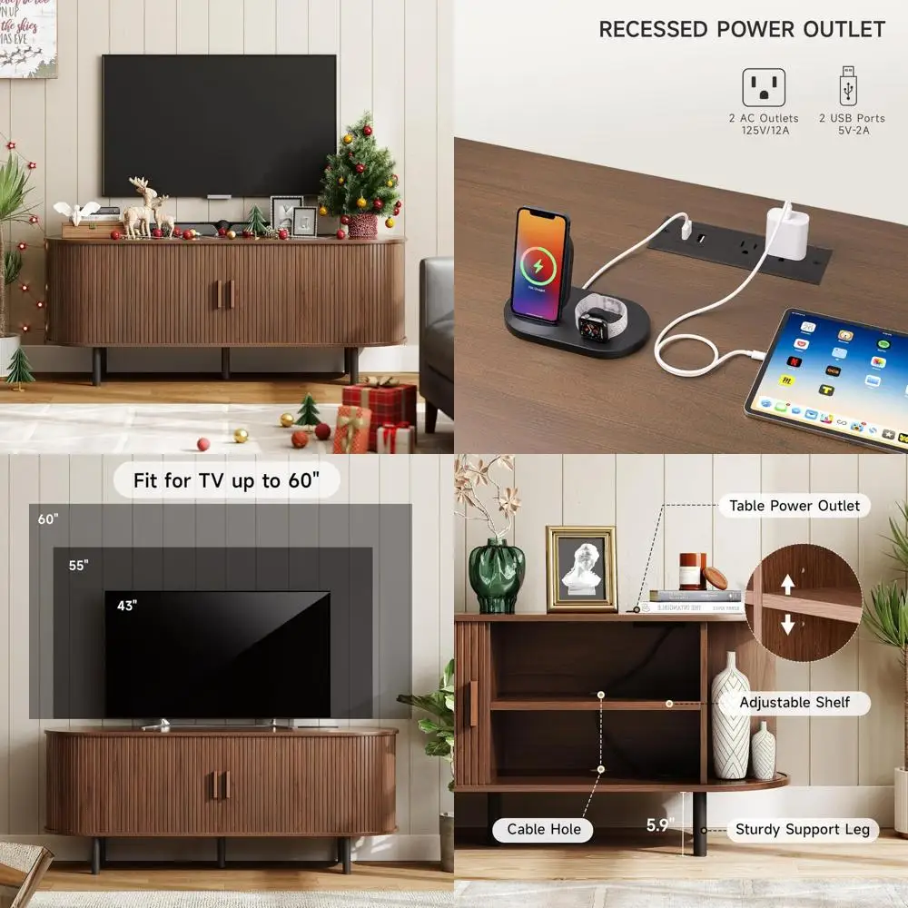 مركز ترفيهي حديث مع مخرج طاقة وحامل تلفزيون لأجهزة التلفاز مقاس 60 بوصة وتخزين وأرفف قابلة للتعديل #1