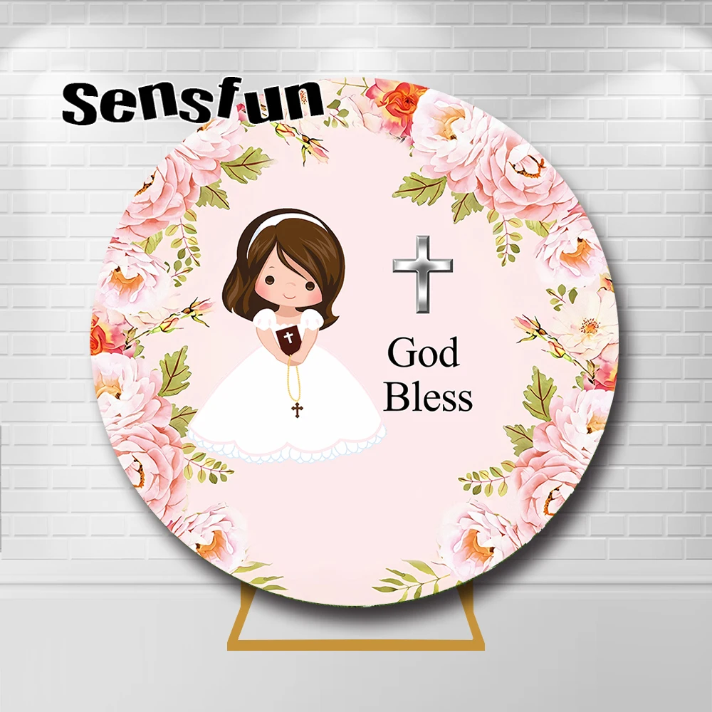 Mi Primera Communion خلفية الزهور الوردية الفتيات المعمودية الأولى المقدسة بالتواصل خلفية التصوير الفوتوغرافي حسب الطلب