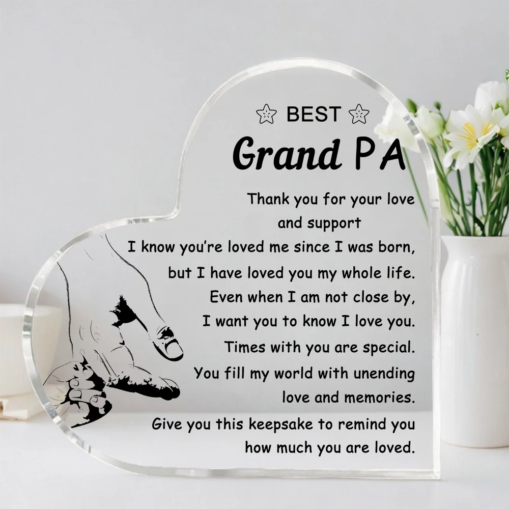 Heart Acrylic Plaque For Grandpa Adult And Kid Holding Hands Print Thank You Wording Desk Gift