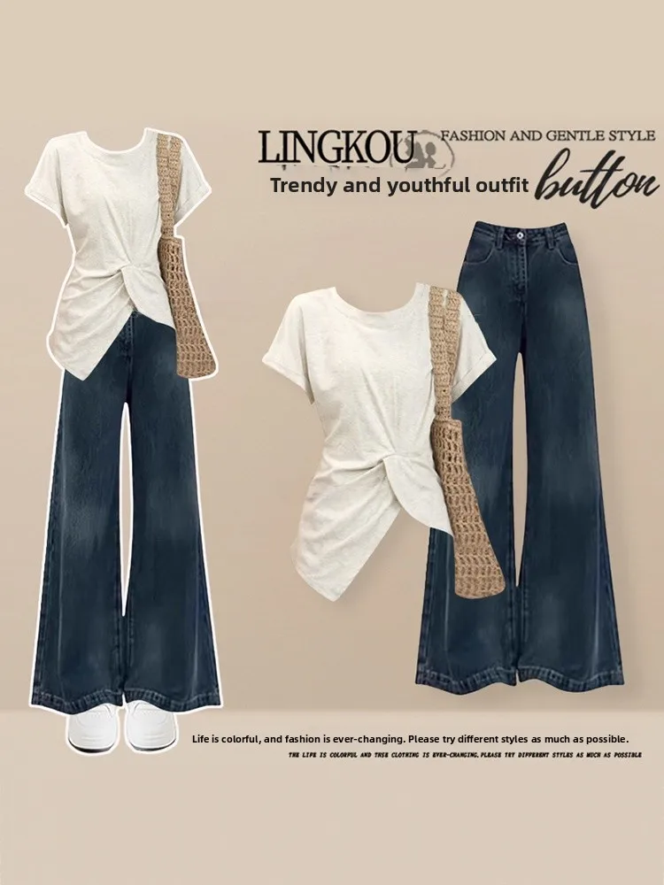 

Летний комплект в корейском стиле: женская футболка с коротким рукавом и джинсы с эффектом похудения, повседневный модный ансамбль из двух предметов для создания молодежного образа
