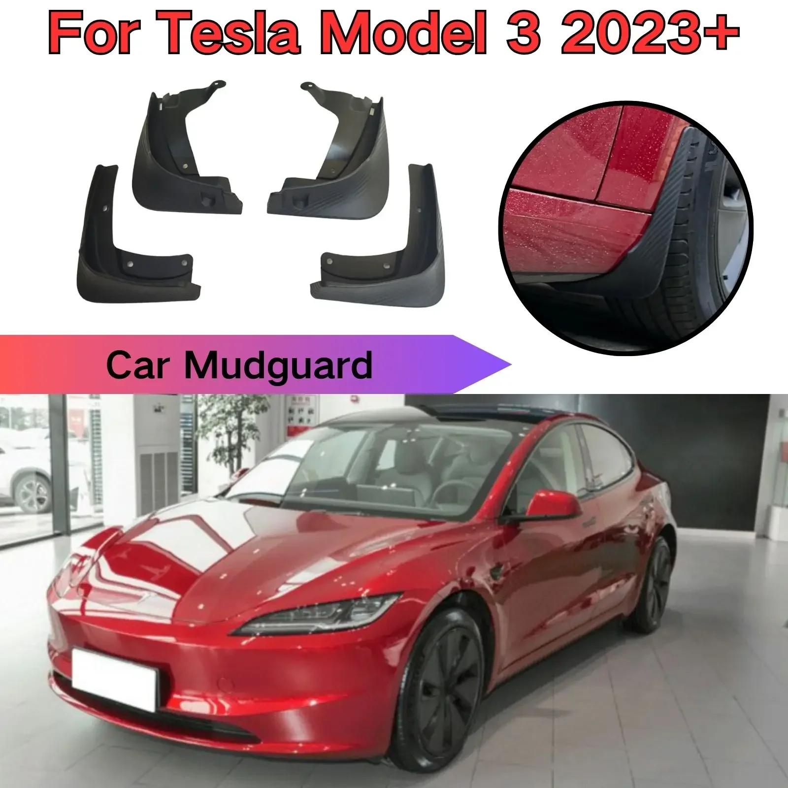 For Tesla Model 3 2023 2024 Car Mudguards Mud Guard Flaps Cabon Fiber Style Accessories 4PCS Fender Protector Anti-Sand Splash